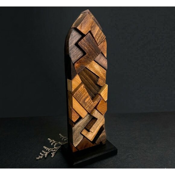 Gothic Arch Wood SculptureMixed Species Mosaic Totem OOAK Dark Walnut